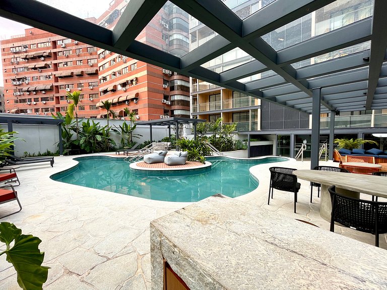 Studio Leblon - Novo, varanda, piscina e gym